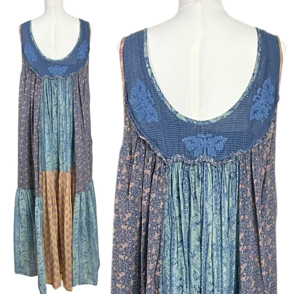 Free People Bohemian 70s Patchwork Hippie Lost Palms Craft Maxi Dress Medium - Picture 10 of 17